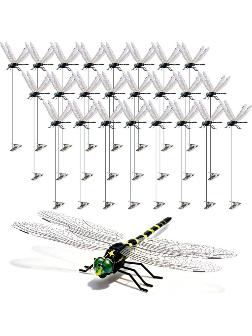 24 Pack Realistic 3D Dragonfly Clips - Garden Decor, Fly Deterrent for Pets